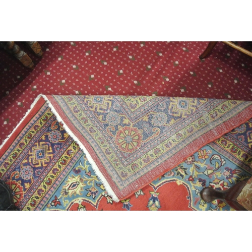 37 - Fine woven Persian Sarouk Viss carpet terracotta ground with hints of duck egg blue medallion design... 