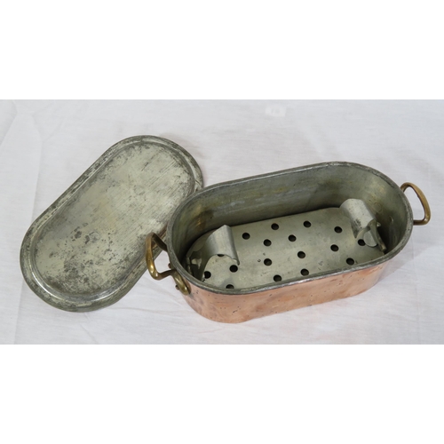 48 - Georgian style copper & metal oval fish steamer with shaped handles