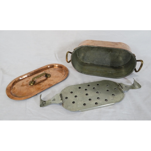 48 - Georgian style copper & metal oval fish steamer with shaped handles