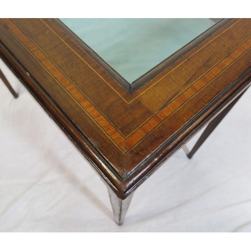 52 - Edwardian inlaid crossbanded mahogany bijouterie table with glazed top & sides, on square tapering l... 