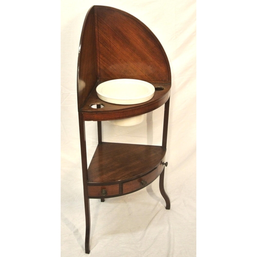 55 - Edwardian inlaid mahogany two tier bow fronted washstand with raised top, three bowed drawers, on sh... 