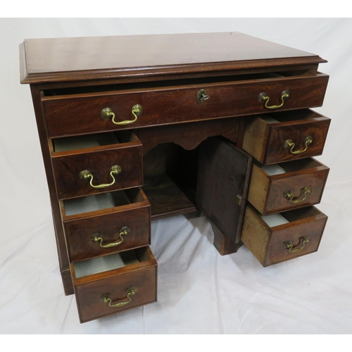 65 - Edwardian mahogany kneehole desk with seven drawers, shaped brass drop handles, on bracket feet