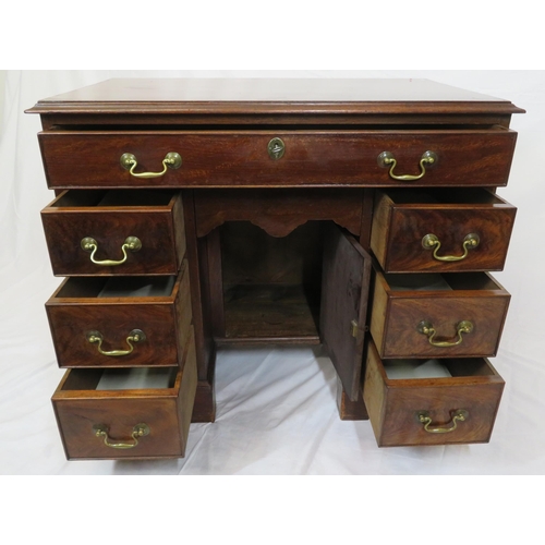 65 - Edwardian mahogany kneehole desk with seven drawers, shaped brass drop handles, on bracket feet