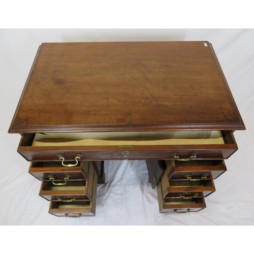 65 - Edwardian mahogany kneehole desk with seven drawers, shaped brass drop handles, on bracket feet