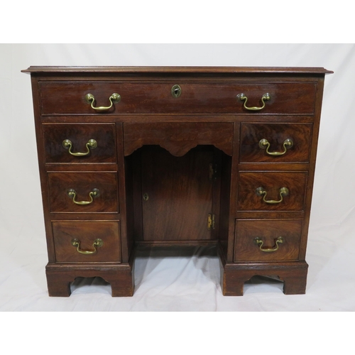 65 - Edwardian mahogany kneehole desk with seven drawers, shaped brass drop handles, on bracket feet