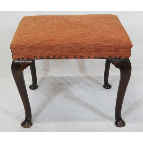 73 - Victorian mahogany stool with upholstered top & cabriole legs with pad feet