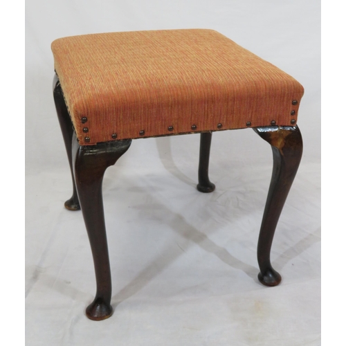 73 - Victorian mahogany stool with upholstered top & cabriole legs with pad feet