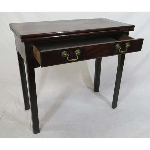 75 - Georgian mahogany tea table with fold-over top, pull-out gateleg support, drawer under with brass dr... 