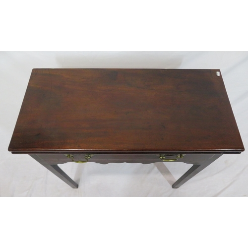 75 - Georgian mahogany tea table with fold-over top, pull-out gateleg support, drawer under with brass dr... 