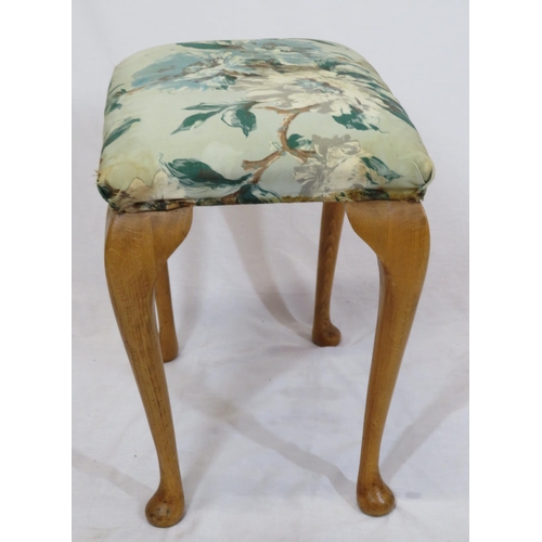 76 - Victorian stool with foliate upholstered top, on cabriole legs with pad feet