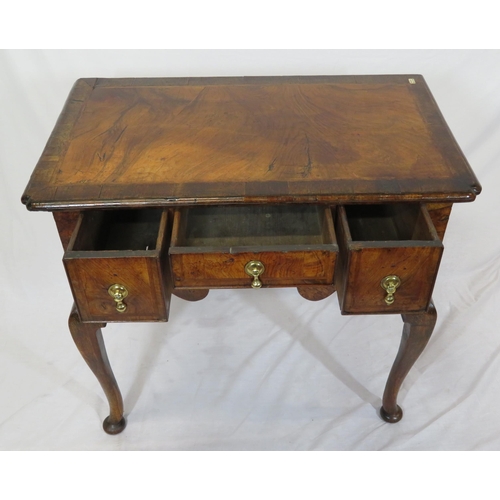 80 - Queen Anne crossbanded walnut lowboy with three drawers, brass tear drop handles, shaped apron, on c... 