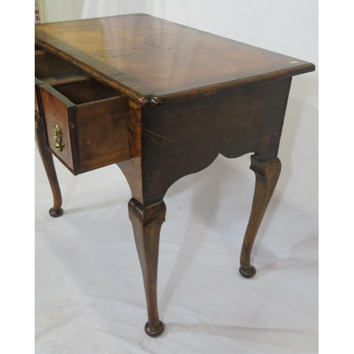 80 - Queen Anne crossbanded walnut lowboy with three drawers, brass tear drop handles, shaped apron, on c... 