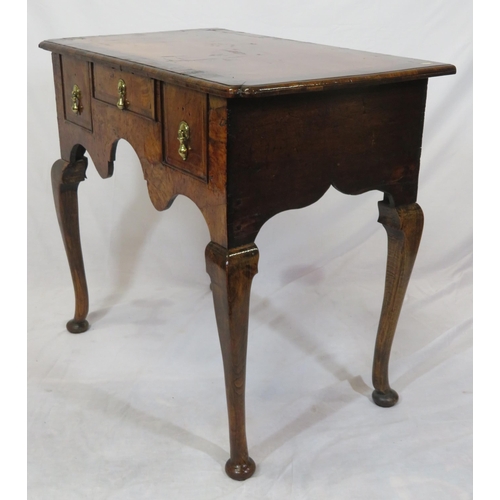 Queen Anne crossbanded walnut lowboy with three drawers, brass tear ...