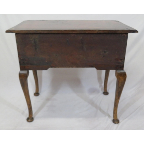 80 - Queen Anne crossbanded walnut lowboy with three drawers, brass tear drop handles, shaped apron, on c... 