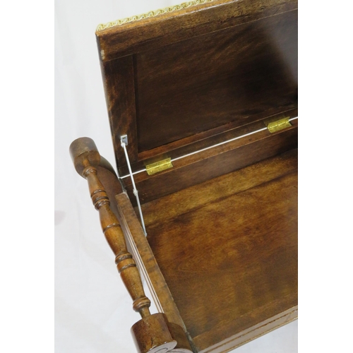 94 - Edwardian mahogany piano stool with upholstered lift-up lid, turned handles & tapering legs