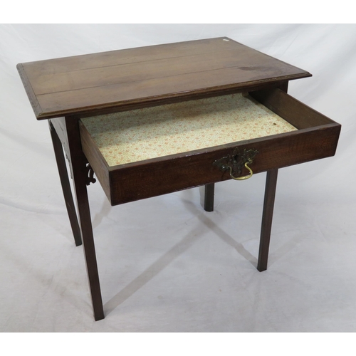 99 - Victorian oak side table with frieze drawer, brass drop handle & pierced back plate, on square legs