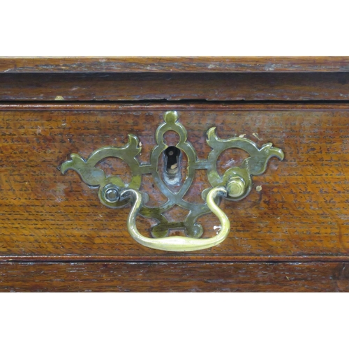 99 - Victorian oak side table with frieze drawer, brass drop handle & pierced back plate, on square legs