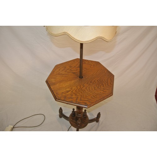 12 - Hexagonal oak lamp table with turned column, shade, on tripod