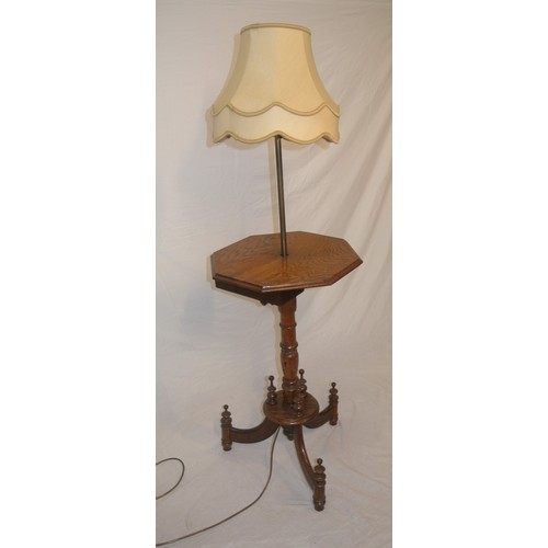 12 - Hexagonal oak lamp table with turned column, shade, on tripod