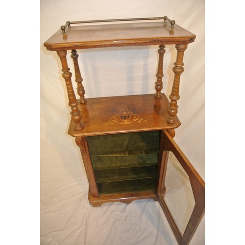 45 - Edwardian inlaid mahogany two tier whatnot with brass gallery, turned reeded columns, shelved press ... 