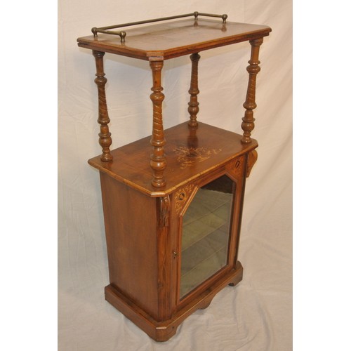 45 - Edwardian inlaid mahogany two tier whatnot with brass gallery, turned reeded columns, shelved press ... 