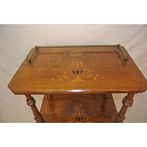 45 - Edwardian inlaid mahogany two tier whatnot with brass gallery, turned reeded columns, shelved press ... 