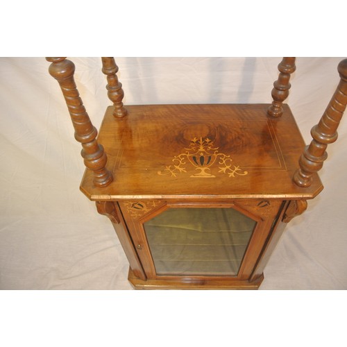 45 - Edwardian inlaid mahogany two tier whatnot with brass gallery, turned reeded columns, shelved press ... 