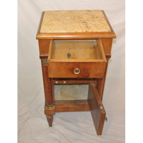 56 - Biedermeier walnut locker with marble inset, drawer & press, ormolu mounts, on tapering legs