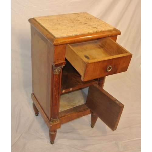 56 - Biedermeier walnut locker with marble inset, drawer & press, ormolu mounts, on tapering legs