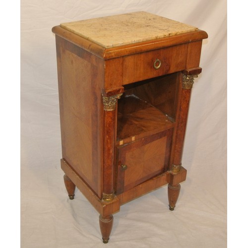 56 - Biedermeier walnut locker with marble inset, drawer & press, ormolu mounts, on tapering legs