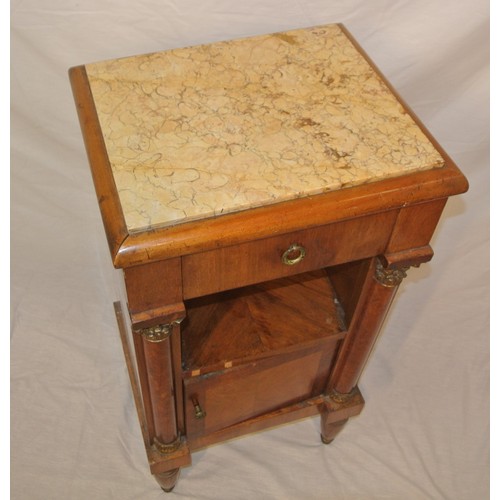 56 - Biedermeier walnut locker with marble inset, drawer & press, ormolu mounts, on tapering legs