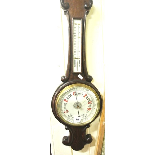 96 - Victorian wheel barometer with brass framed dial & thermometer, & scroll decoration