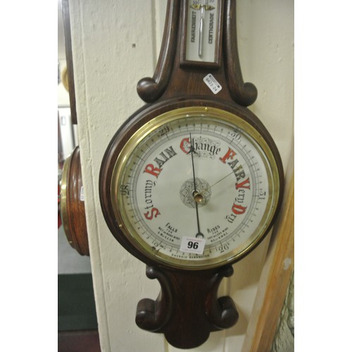 96 - Victorian wheel barometer with brass framed dial & thermometer, & scroll decoration