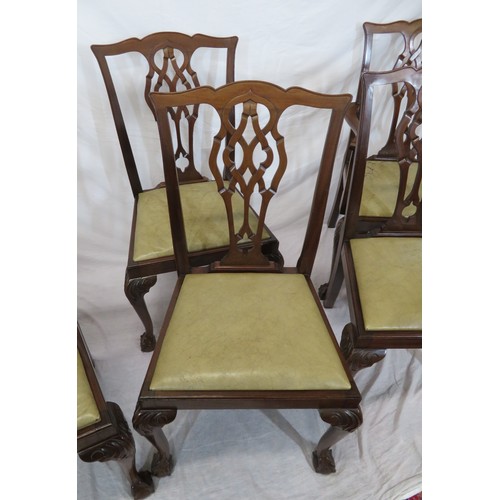 302 - Set of six Chippendale style dining chairs with pierced wheatsheaf splats, drop-in seats, on scroll ... 