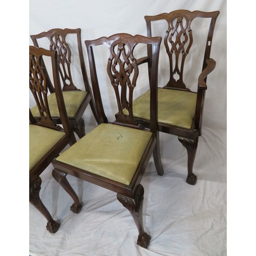 302 - Set of six Chippendale style dining chairs with pierced wheatsheaf splats, drop-in seats, on scroll ... 