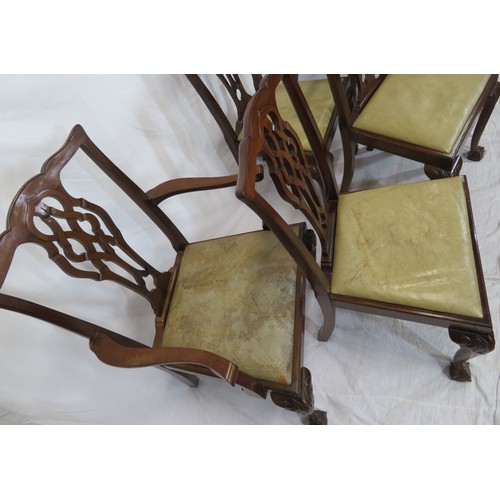 302 - Set of six Chippendale style dining chairs with pierced wheatsheaf splats, drop-in seats, on scroll ... 