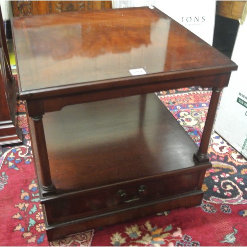 204 - Edwardian inlaid & crossbanded mahogany two tier square occasional table with turned columns, frieze... 