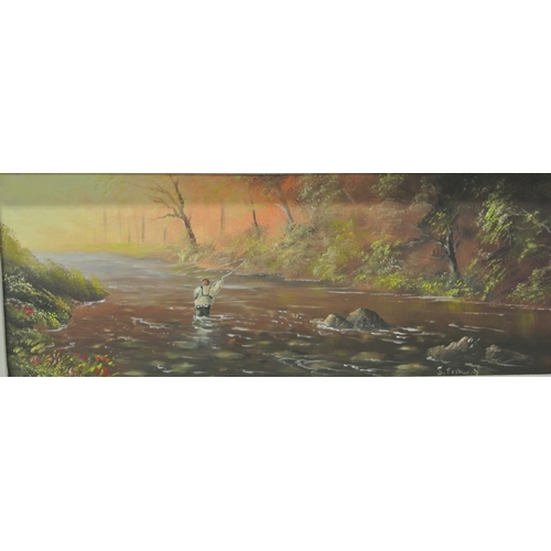 272 - Stephen Conway 'Fly fishing in a river' oil on board 18x50cm signed