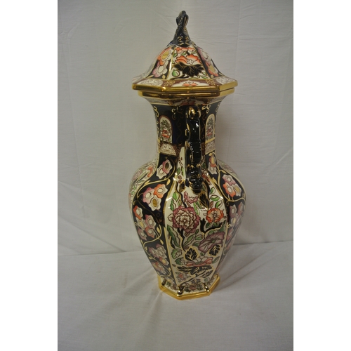 225 - Large Masons Ironstone hexagonal baluster shaped vase with ornate gilt and foliate decoration, shape... 