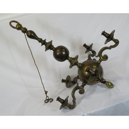 226 - Large brass 5-branch hanging light with shaped arms and sconces