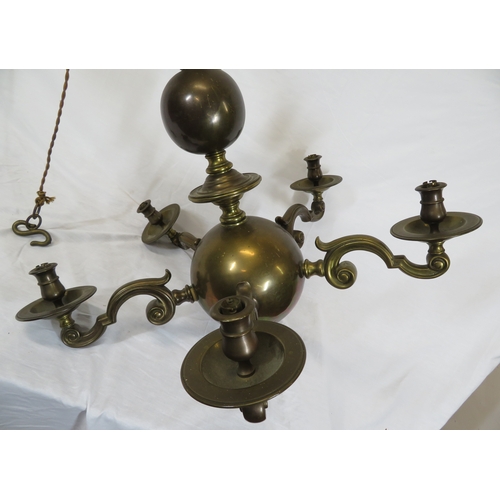 226 - Large brass 5-branch hanging light with shaped arms and sconces