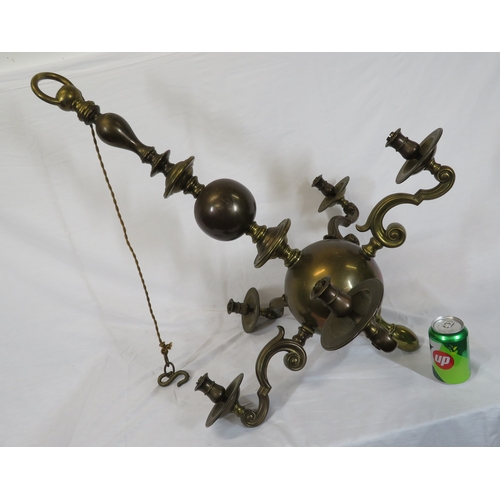 226 - Large brass 5-branch hanging light with shaped arms and sconces