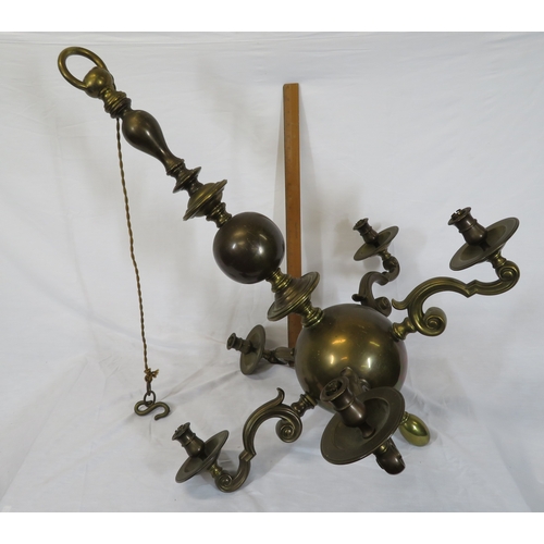 226 - Large brass 5-branch hanging light with shaped arms and sconces