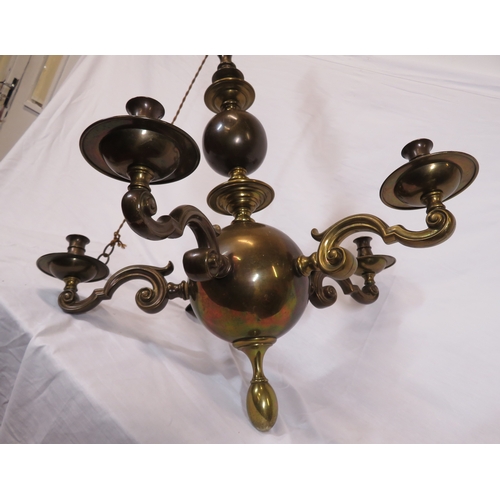 226 - Large brass 5-branch hanging light with shaped arms and sconces