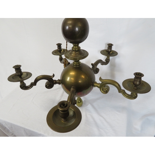 226 - Large brass 5-branch hanging light with shaped arms and sconces