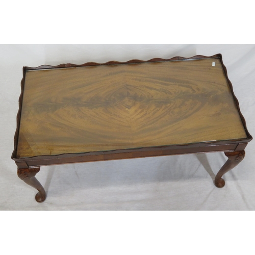 16 - Edwardian mahogany oblong coffee or occasional table with wavy border, glass inset, on cabriole legs... 