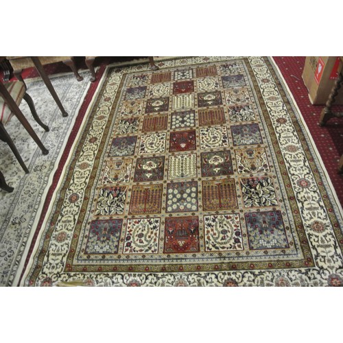 28 - Cream ground multi-coloured field Kashmir rug of Persian panel design 240 x 160