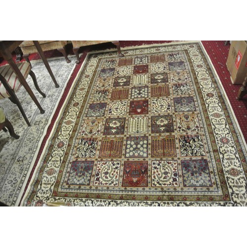 28 - Cream ground multi-coloured field Kashmir rug of Persian panel design 240 x 160