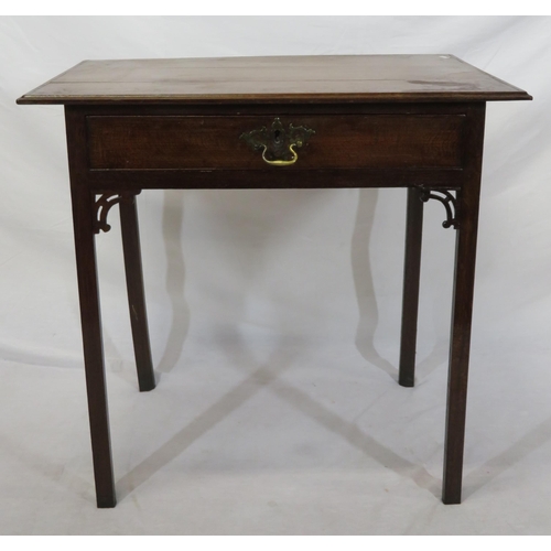 99 - Victorian oak side table with frieze drawer, brass drop handle & pierced back plate, on square legs