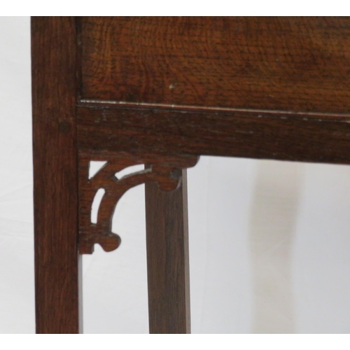 99 - Victorian oak side table with frieze drawer, brass drop handle & pierced back plate, on square legs